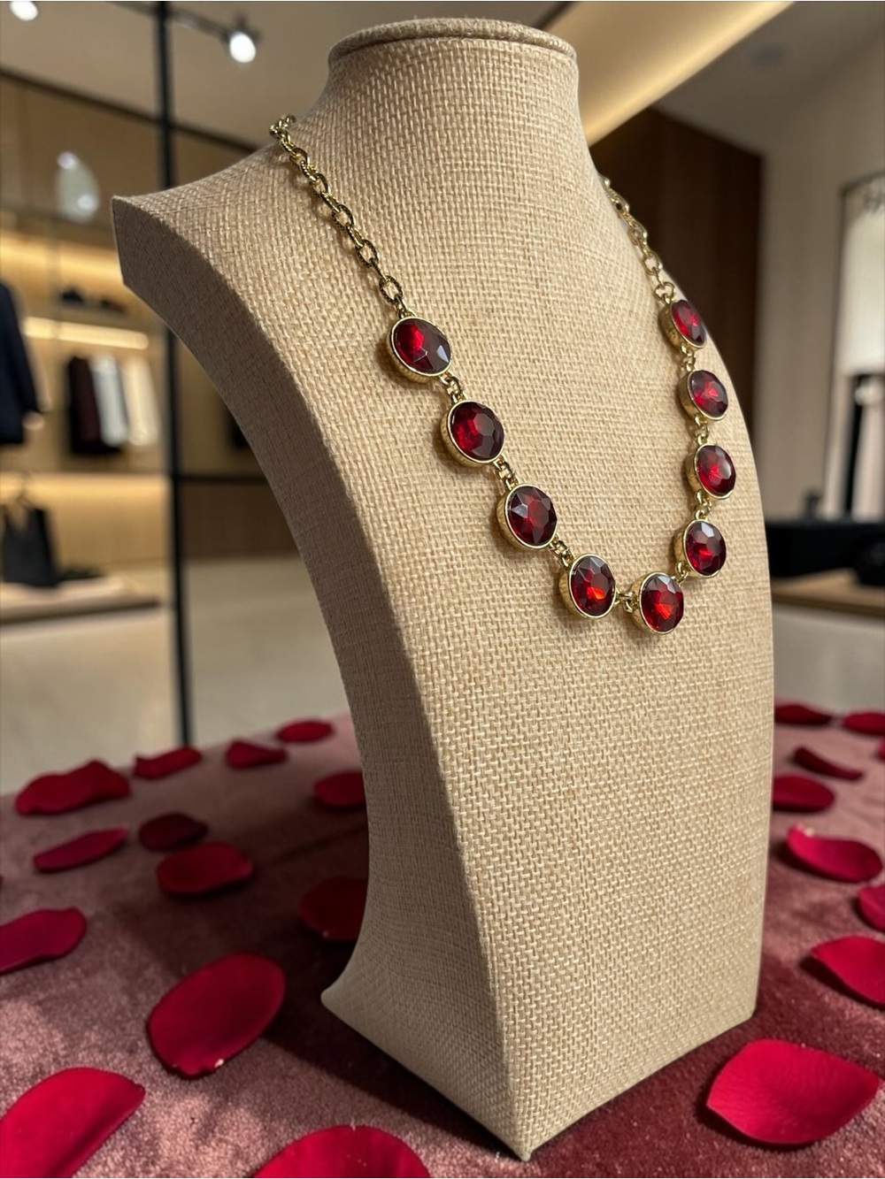 Vintage Signed M Ruby Red Foil Back Crystal Gold Tone Necklace